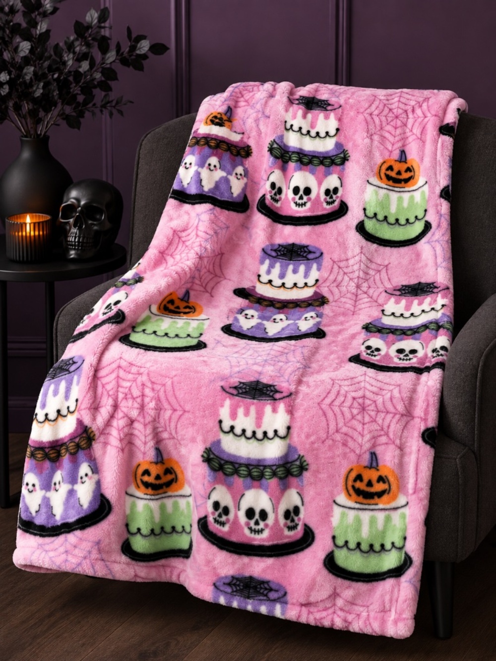 Betsey Johnson Halloween Plush Throw Blanket 50x70 Pink Skull Ghost Cake